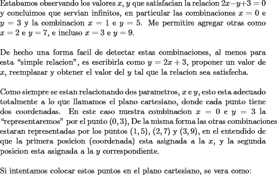 TEX: \noindent Estabamos observando los valores $x$, $y$ que satisfacian la relacion $2x-y+3=0$ y concluimos que servian infinitos, en particular las combinaciones $x=0$ e $y=3$ y la combinacion $x=1$ e $y=5$. Me permitire agregar otras como $x=2$ e $y=7$, e incluso $x=3$ e $y=9$.\\<br />\\<br />De hecho una forma facil de detectar estas combinaciones, al menos para esta ``simple relacion", es escribirla como $y=2x+3$, proponer un valor de $x$, reemplazar y obtener el valor del $y$ tal que la relacion sea satisfecha.\\<br />\\<br />Como siempre se estan relacionando dos parametros, $x$ e $y$, esto esta \mbox{adecuado} totalmente a lo que llamamos el plano cartesiano, donde cada punto tiene dos coordenadas. En este caso nuestra combinacion $x=0$ e $y=3$ la \mbox{``representaremos"} por el punto $(0,3)$, De la misma forma las otras \mbox{combinaciones} estaran representadas por los puntos $(1,5)$, $(2,7)$ y $(3,9)$, en el entendido de que la primera posicion (coordenada) esta asignada a la $x$, y la segunda \mbox{posicion} esta asignada a la $y$ correspondiente.\\<br />\\<br />Si intentamos colocar estos puntos en el plano cartesiano, se vera como: 