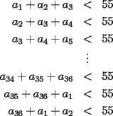 TEX: \begin{eqnarray*}<br />a_1+a_2+a_3 & < & 55 \\<br />a_2+a_3+a_4 & < & 55 \\<br />a_3+a_4+a_5 & < & 55 \\<br /> & \vdots & \\<br />a_{34}+a_{35}+a_{36} & < & 55 \\<br />a_{35}+a_{36}+a_1 & < & 55 \\<br />a_{36}+a_1+a_2 & < & 55 \\<br />\end{eqnarray*}