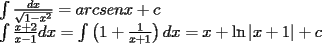 TEX: \[<br />\begin{array}{l}<br /> \int {\frac{{dx}}{{\sqrt {1 - x^2 } }}}  = arcsenx + c \\ <br /> \int {\frac{{x + 2}}{{x - 1}}} dx = \int {\left( {1 + \frac{1}{{x + 1}}} \right)dx}  = x + \ln \left| {x + 1} \right| + c \\ <br /> \end{array}<br />\]<br />