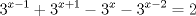 TEX: % MathType!MTEF!2!1!+-<br />% feaafiart1ev1aaatCvAUfeBSjuyZL2yd9gzLbvyNv2CaerbuLwBLn<br />% hiov2DGi1BTfMBaeXatLxBI9gBaerbd9wDYLwzYbItLDharqqtubsr<br />% 4rNCHbGeaGqiVu0Je9sqqrpepC0xbbL8F4rqqrFfpeea0xe9Lq-Jc9<br />% vqaqpepm0xbba9pwe9Q8fs0-yqaqpepae9pg0FirpepeKkFr0xfr-x<br />% fr-xb9adbaqaaeGaciGaaiaabeqaamaabaabaaGcbaqcKbaGaiaaio<br />% dadaahaaqcKfaGaeqabaGaamiEaiabgkHiTiaaigdaaaqcKbaGaiab<br />% gUcaRiaaiodadaahaaqcKfaGaeqabaGaamiEaiabgUcaRiaaigdaaa<br />% qcKbaGaiabgkHiTiaaiodadaahaaqcKfaGaeqabaGaamiEaaaajqga<br />% acGaeyOeI0IaaG4mamaaCaaajqwaacqabeaacaWG4bGaeyOeI0IaaG<br />% OmaaaajqgaacGaeyypa0JaaGOmaaaa!4F22!<br />$$<br />3^{x - 1}  + 3^{x + 1}  - 3^x  - 3^{x - 2}  = 2<br />$$